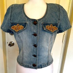 Vintage Gattinoni Fortune Italy Embroidered Denim Short Top Size 42 US 6/M